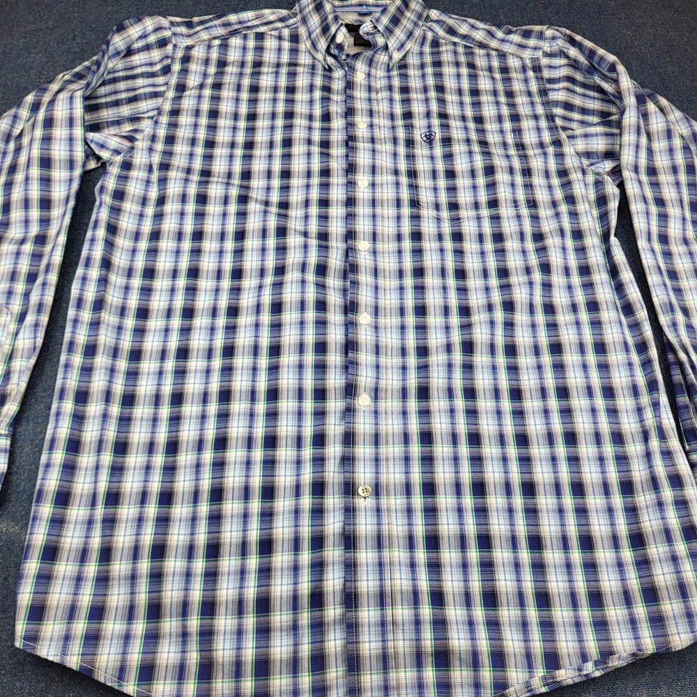 Ariat Pro Series Mens Large Tall Blue Green Plaid Long Sleeve Button Down Shirt